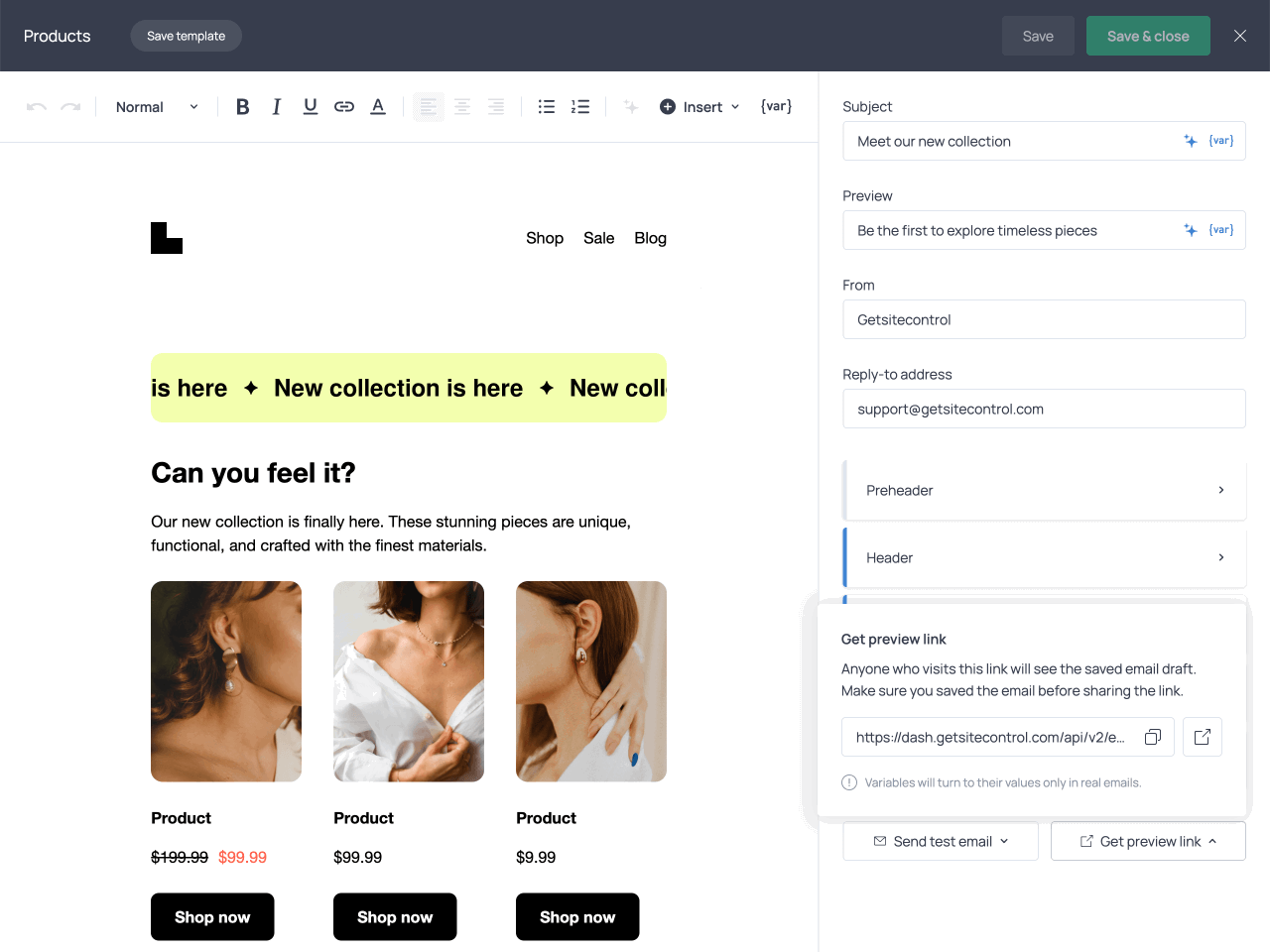 The Get preview link button in the email editor