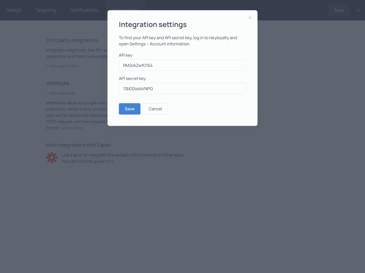 Integration settings modal window