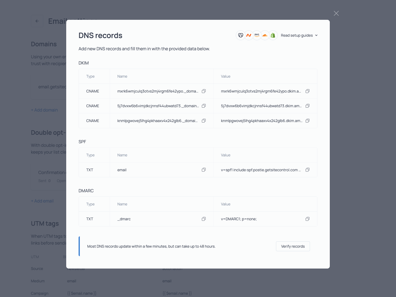 The DNS records window with the data for the five records