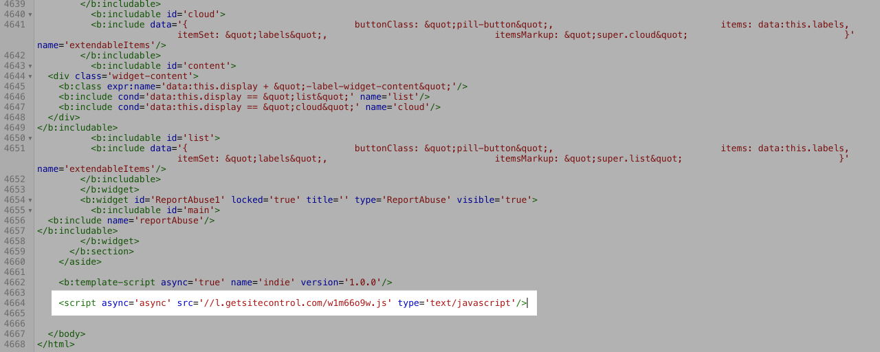 Pasting the Getsitecontrol script before the closing body tag