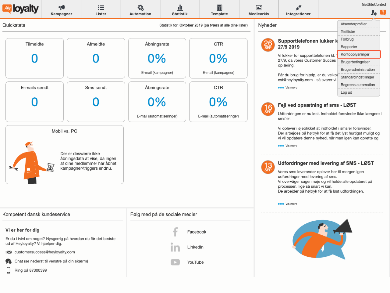 Heyloyalty control panel with the highlighted Account information menu item