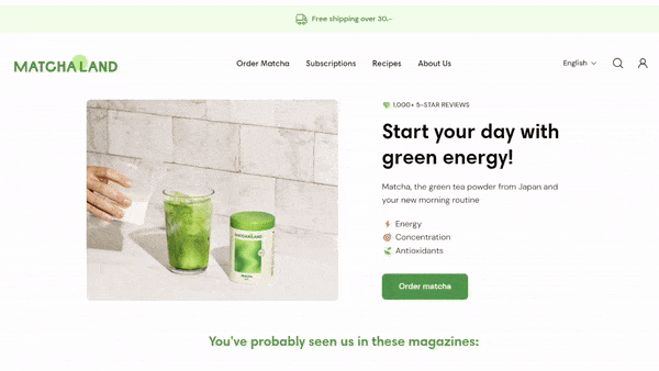 MatchaLand uses videos on the homepage to capture visitors’ attention, demonstrate the product, and reduce bounce rate