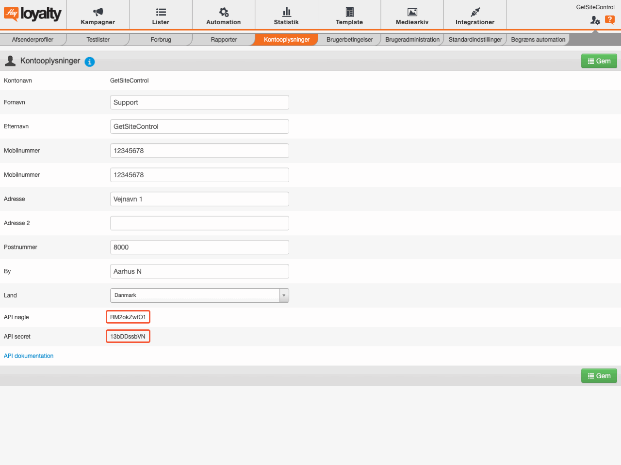API key and API secret key in the Account information section