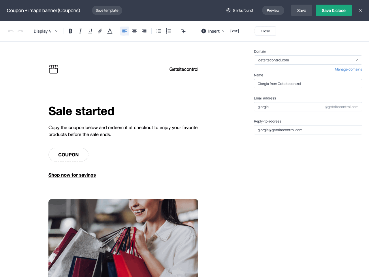 The complete Sender settings in the email editor