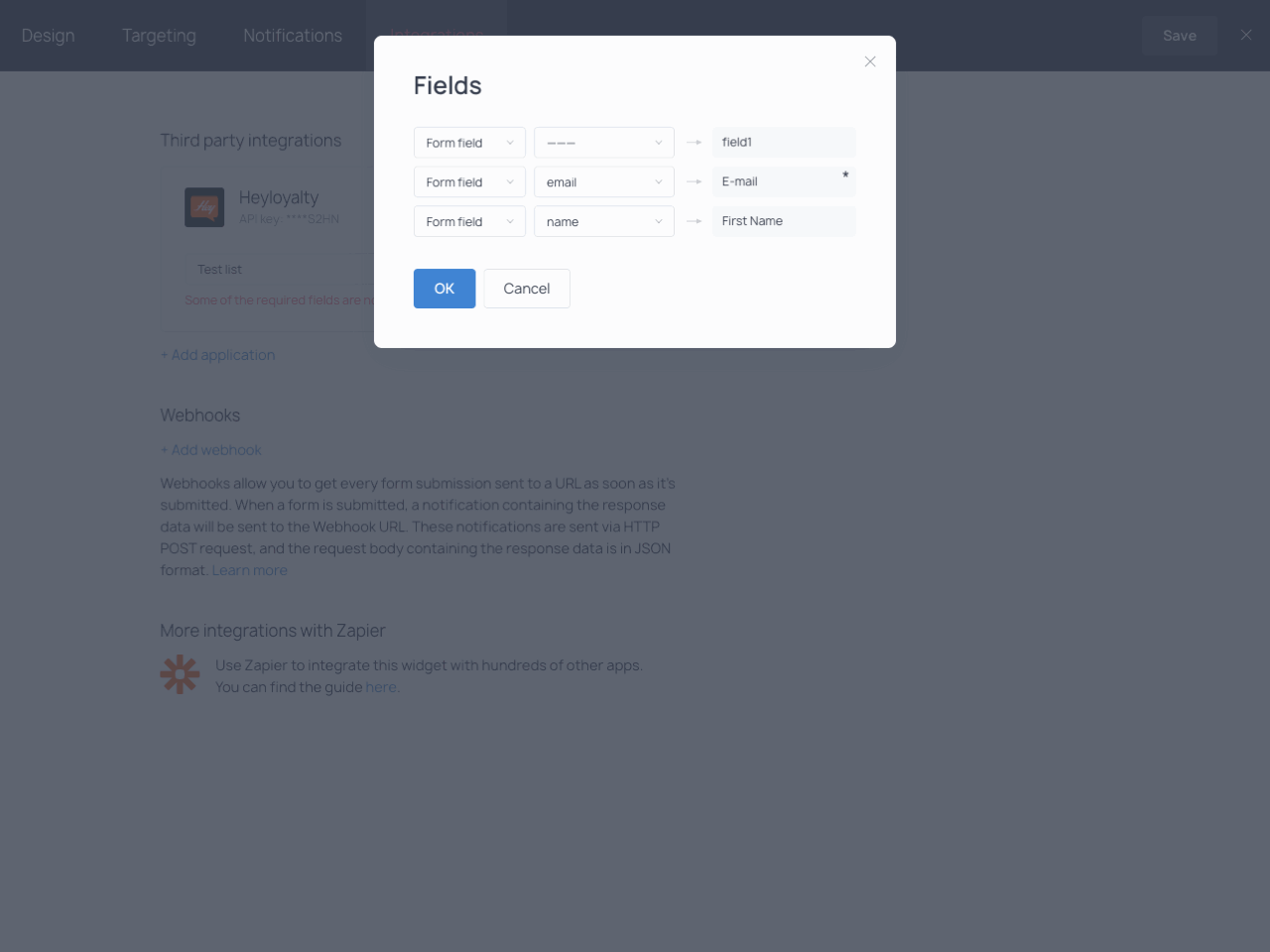 Widget fields mapping modal window