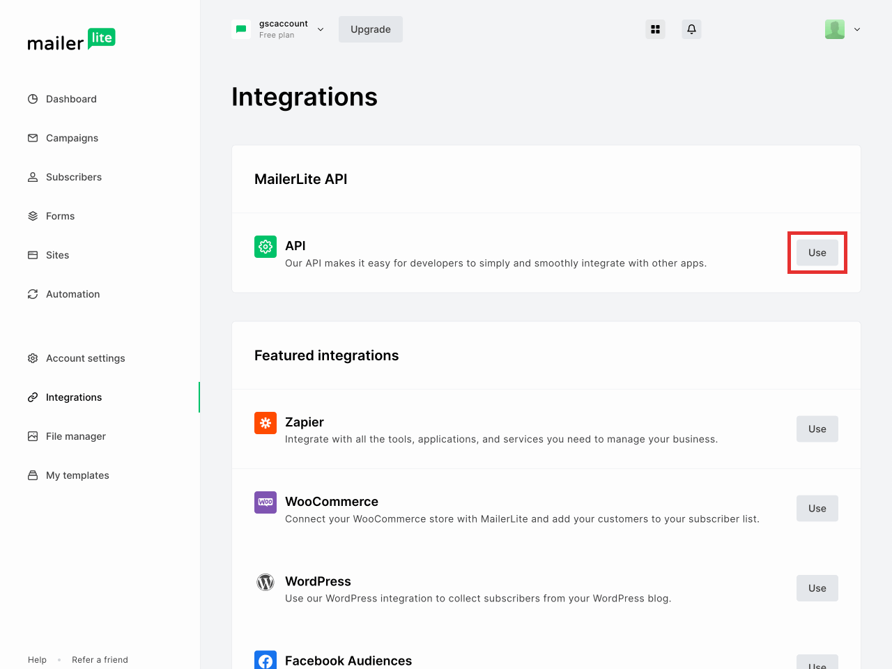 Integrations page in MailerLite