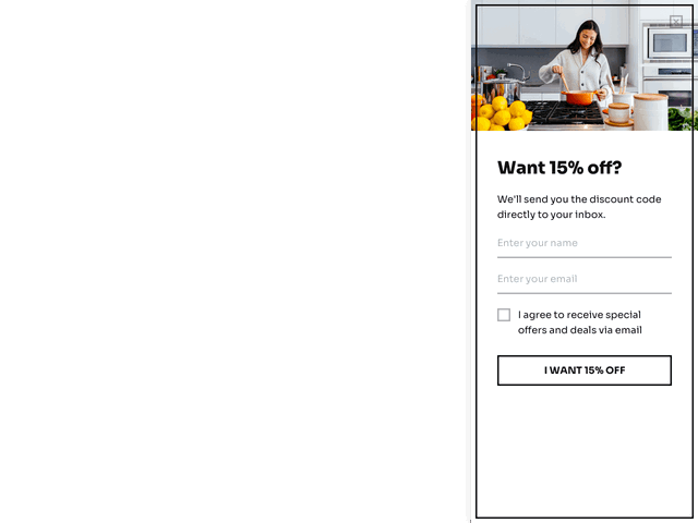 Exit-intent popup template with 15% discount for subscribers
