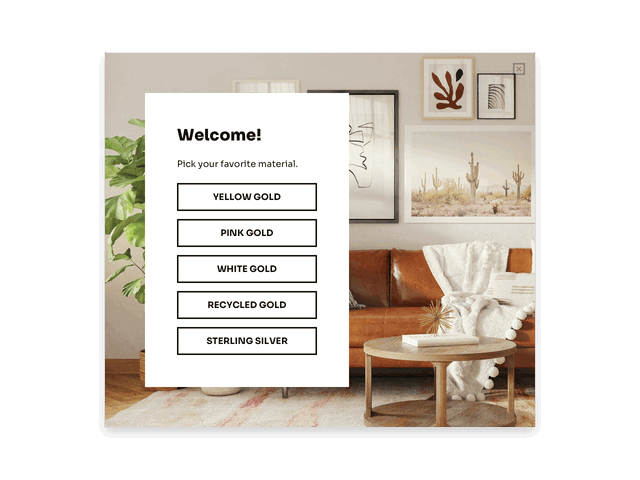 Welcome website popup designed to prompt visitors to make a product category selection and start exploring