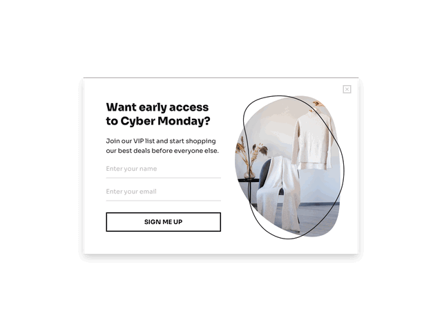 Email sign up form inviting visitor to get early access to the Cyber Monday sale