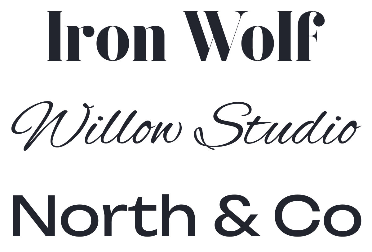 Clothing brand wordmarks: Iron Wolf in Goku, Willow Studio in Alex Brush, and North & Co in Unbounded — made with MakeCalligraphy.com
