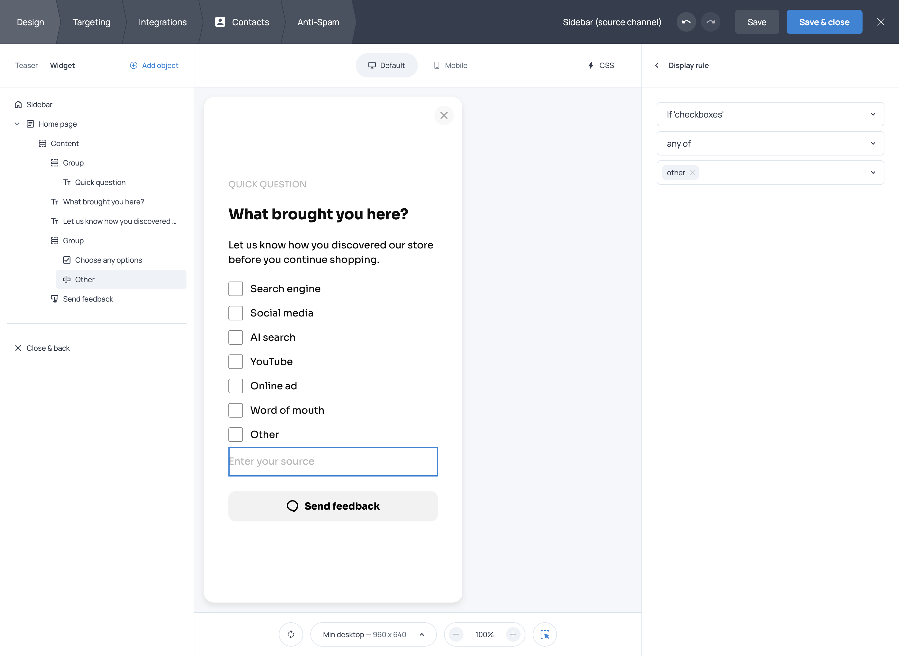 Display rule showing the Other field when the checkboxes answer is any of other