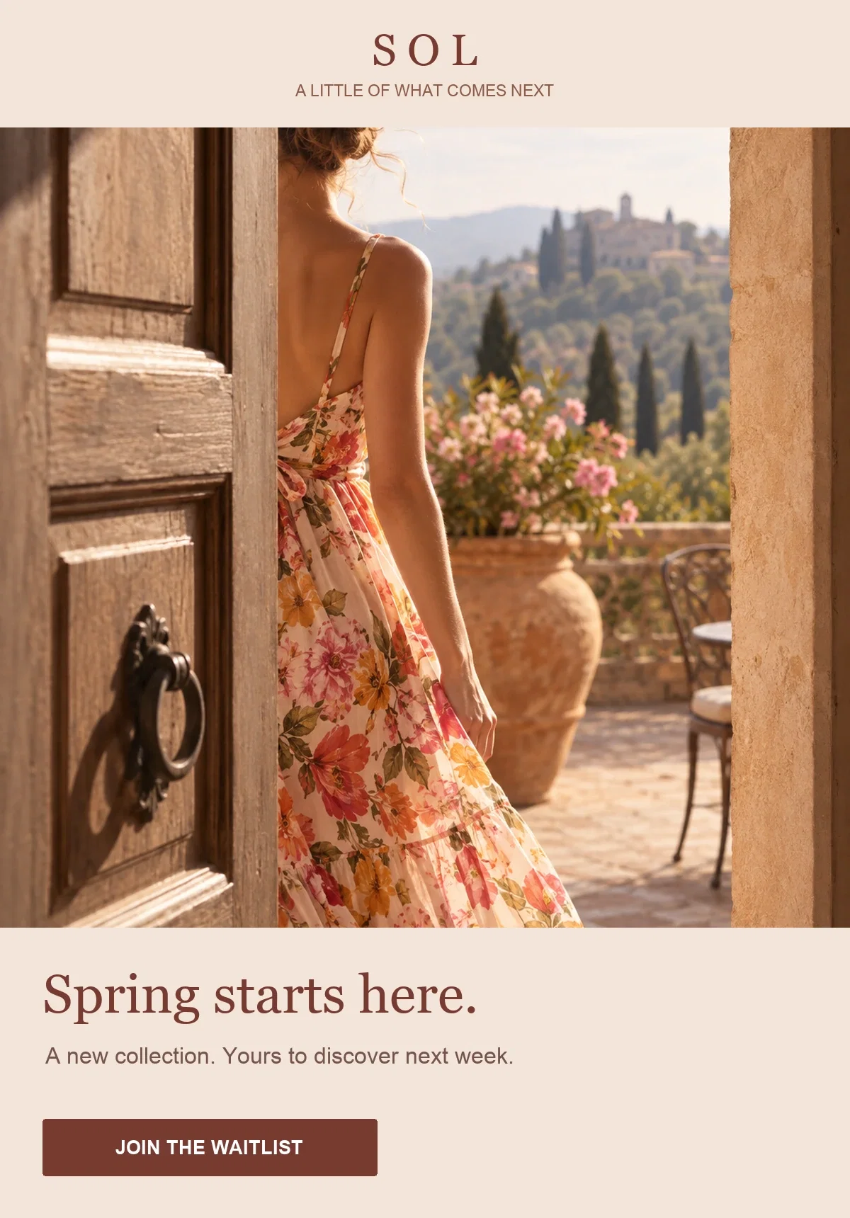 Illustrative fashion teaser email showing a partial view of a floral dress and a waitlist invitation