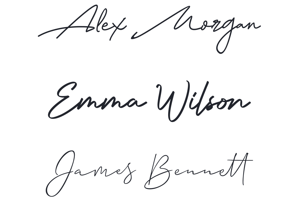 Alex Morgan, Emma Wilson, and James Bennett in three handwritten signature fonts — made with MakeCalligraphy.com