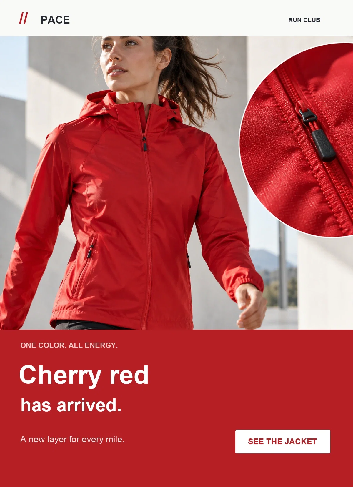 Illustrative new-arrivals email focusing on one red running jacket and its fabric detail