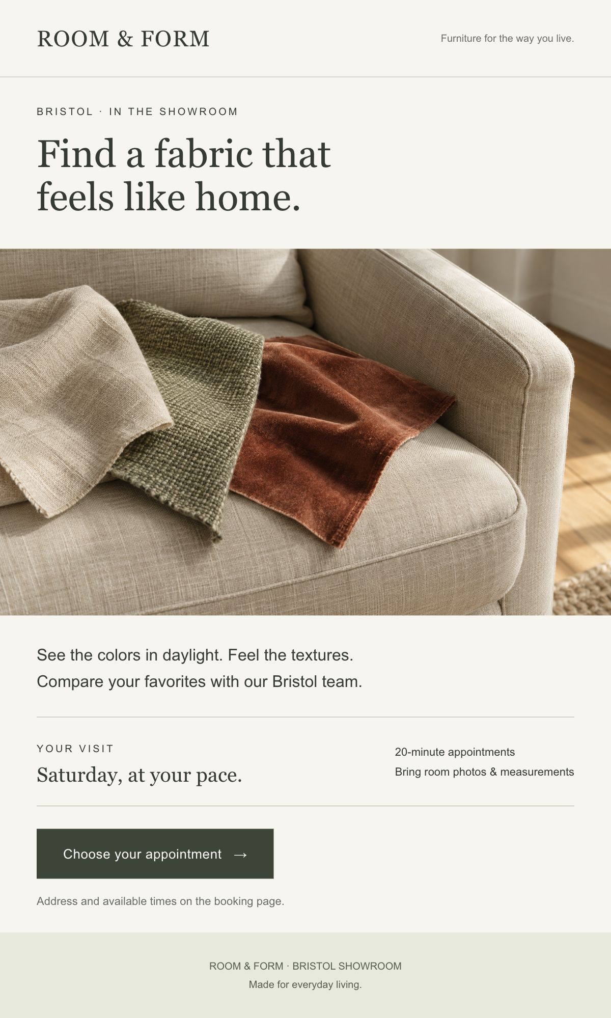Original Room & Form email concept inviting Bristol subscribers to a fabric consultation