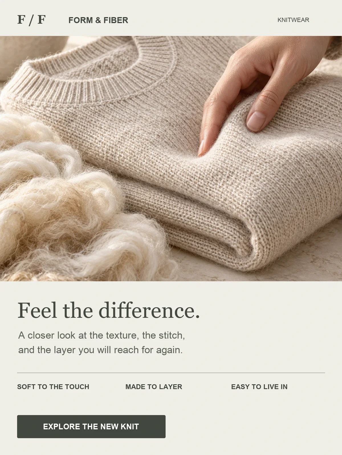 Illustrative knitwear launch email built around a close view of the material