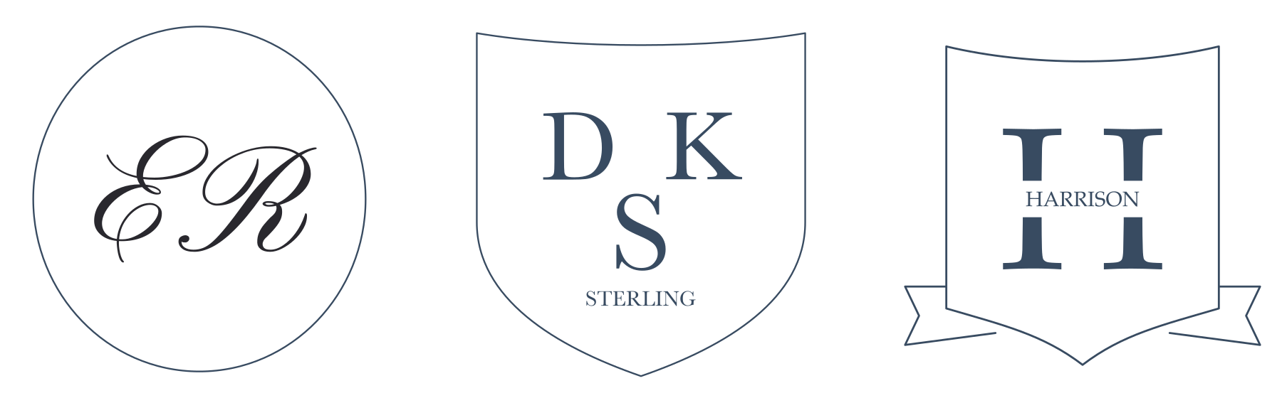 Three personalized monograms: calligraphic ER initials, a DKS shield, and the Harrison family initial — made with MakeCalligraphy.com