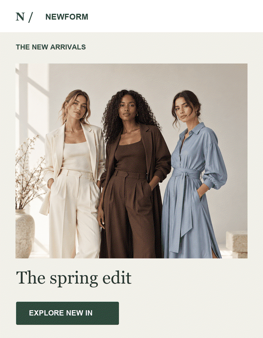 Illustrative new-arrivals email with a GIF rotating through three fashion images