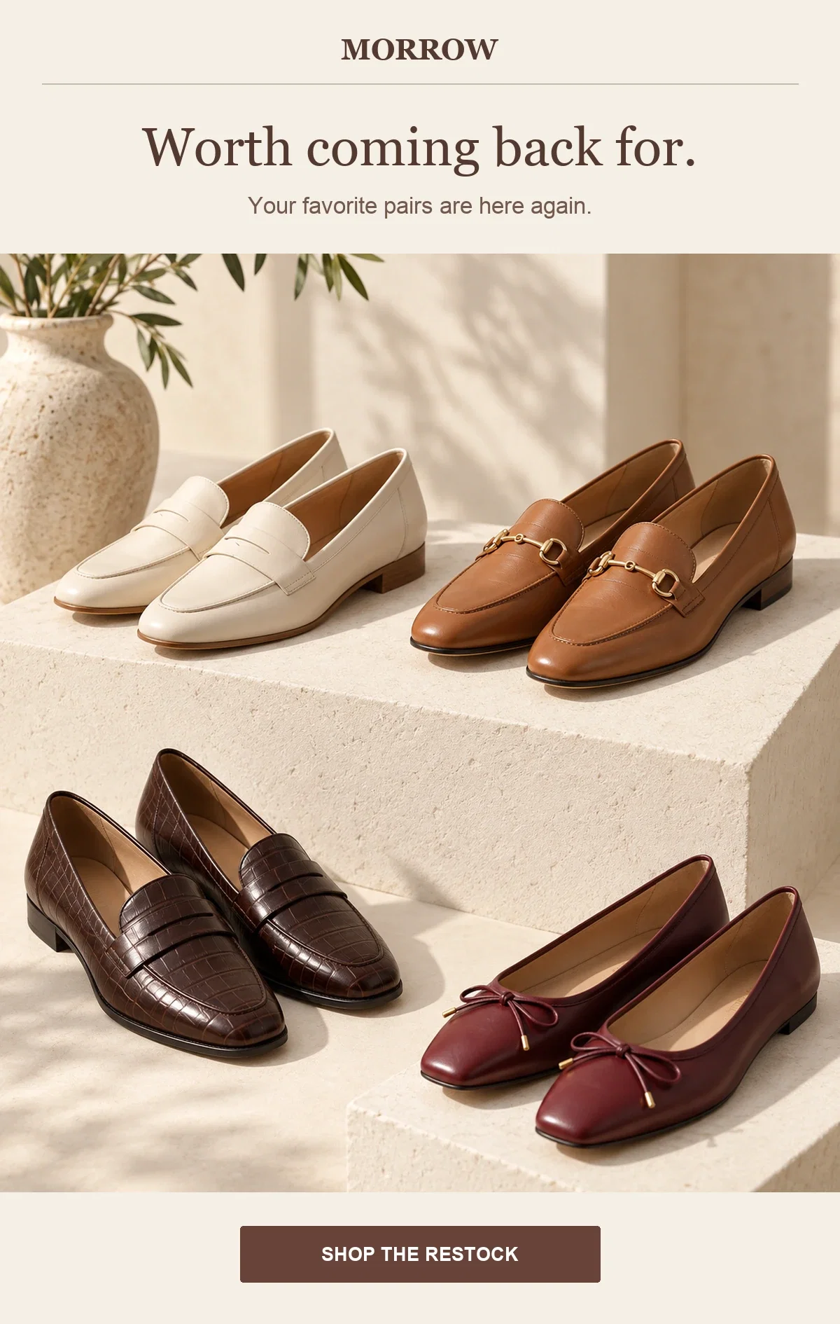 Illustrative restock email showing four returning shoe styles