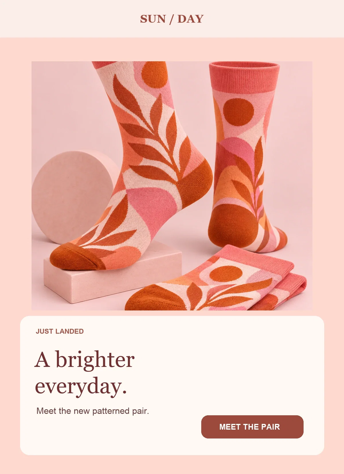 Illustrative email introducing one new patterned sock design