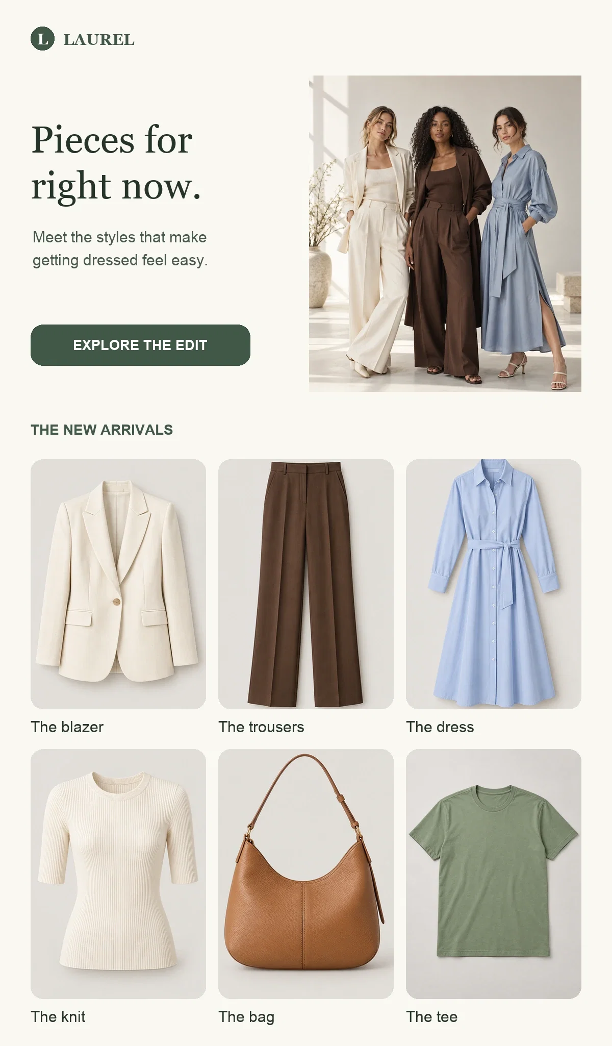 Illustrative new-arrivals email with an editorial photograph and a three-column product grid