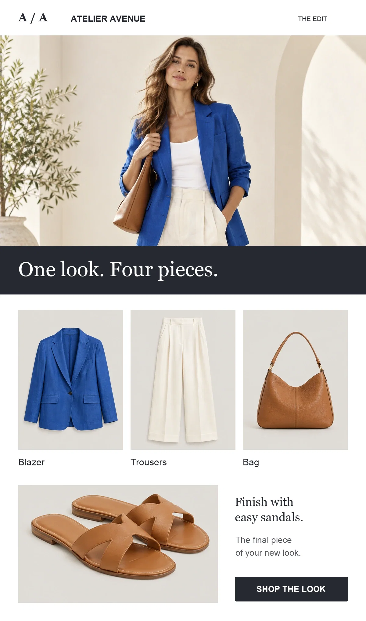 Illustrative new-arrivals email showing a styled outfit followed by four matching product cards