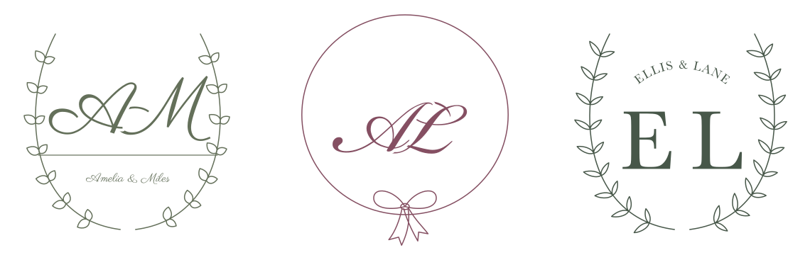 Botanical initials, a ribbon monogram, and a laurel seal for wedding gifts — made with MakeCalligraphy.com