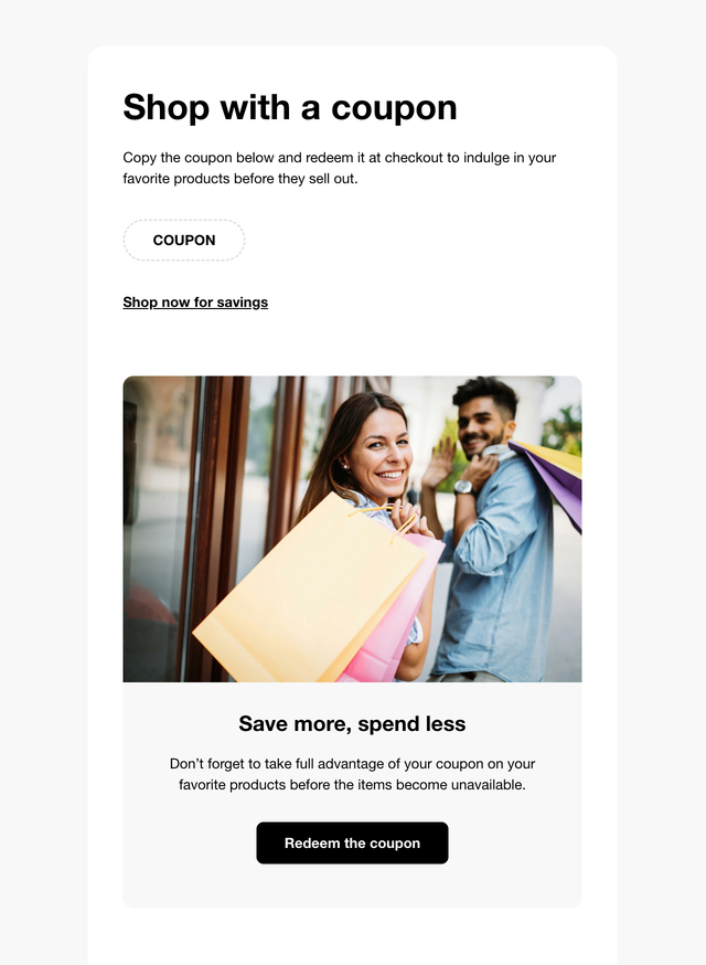 Welcome email template offering a discount coupon to new subscribers